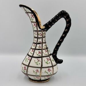 Vintage Japanese Style Hand Painted Black & White Porcelain Floral Ewer